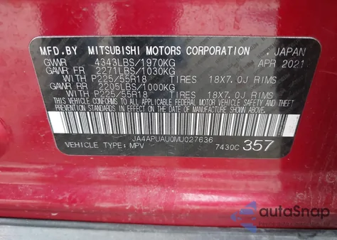 2021 Mitsubishi Outlander Sport 2.0 Be 2Wd/2.0 Es 2Wd/2.0 Le 2Wd/2.0 S 2Wd из США, поврежденный, VIN JA4APUAU0MU027636